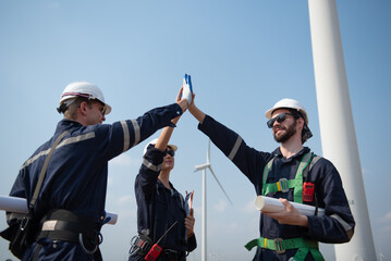 Wind Turbine Maintenance and Repair Technician, Engineer Checking Turbines working maintenance clean power generator system