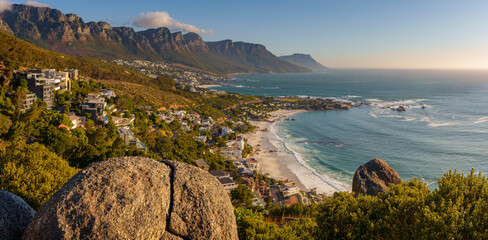 View of the corner of Table Mountain, the Twelve Apostles, Clifton Beach and Camps Bay., part of...