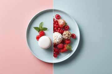 A pastel plate split with sweets and berries on a stylish background. Perfect for health, dessert, balance, and lifestyle concepts. Use for blog headers or web design.