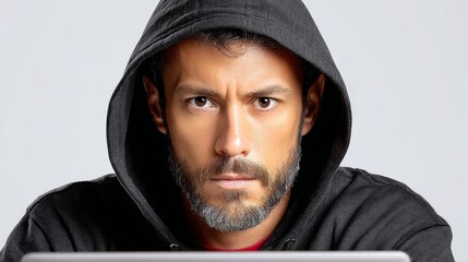 Man with a hoodie on and a laptop in front of him. He looks angry and is staring at the camera