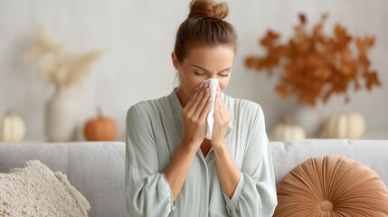Sneeze Away: A woman sitting on a sofa and using tissue during seasonal cold and influenza season. The focus is on the act of using a tissue to wipe one's nose, reflecting feelings of discomfort.