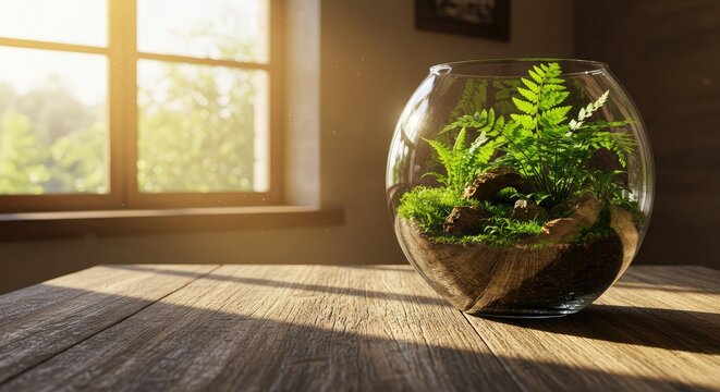 Lush green fern terrarium thrives bathed in warm sunlight on a rustic wooden table, creating a serene, natural indoor oasis for peaceful contemplation and organic decor inspiration.