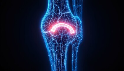 Stunning 3D knee joint visualization with highlighted meniscus for medical or educational content, showcasing intricate anatomy and potential injury sites
