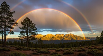 Stunning mountain landscape with vibrant double rainbow after the storm, a symbol of hope and new beginnings, ideal for travel, nature, and inspirational themes