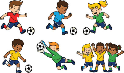 Happy kids playing soccer, children football game, young players kicking ball, teamwork, sports fun, boys and girls competition outdoors