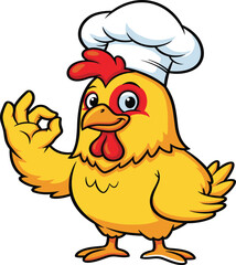 Cute cartoon chicken chef character showing okay hand sign, happy cooking mascot design, poultry restaurant logo, food illustration vector art