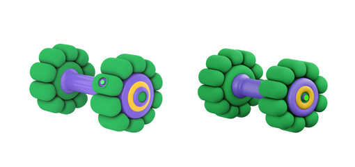 Two stylized dumbbells with green weights and purple handles on transparent background