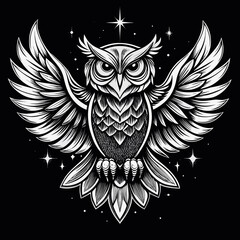 Fototapeta premium Majestic owl soaring, detailed monochrome illustration