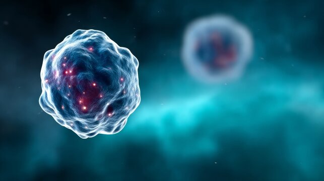 Blue and red cell with a red dot in the middle. The cell is surrounded by a blue background