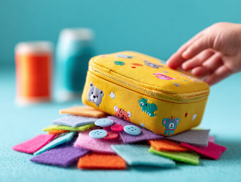 Crafting concept showing a childs hand reaching for a vibrant yellow sewing kit. Colorful felt squares, threads and buttons enhance the scene. Ideal for creative projects.