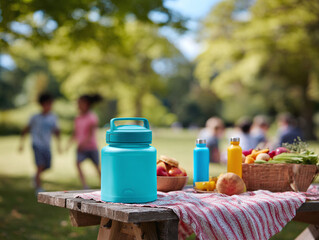 Fototapeta premium Vibrant picnic scene featuring a reusable bottle, fresh produce, playful children in a sunny park. Perfect for lifestyle, health, family, environmental themes.