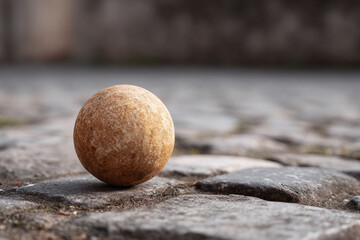 Stone sphere resting on a cobblestone street. Symbolic of balance, simplicity, or a world coming to rest. Perfect for conceptual projects or design elements.