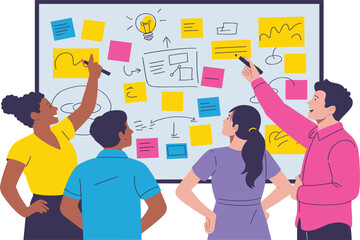 Team Brainstorming and Idea Generation Vector - Diverse People Working on Whiteboard with Sticky Notes - Project Planning