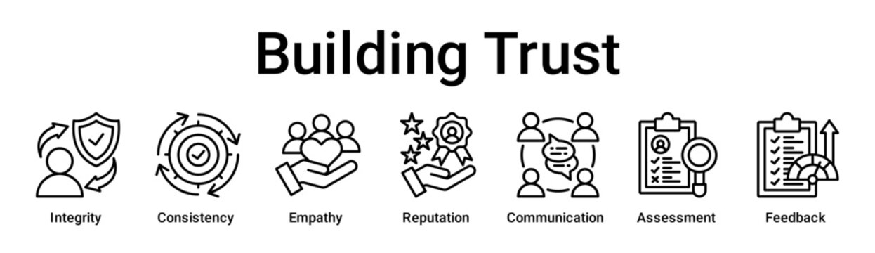 Building Trust banner web icon vector illustration concept for education with icon of Integrity, Consistency, Empathy, Reputation, Communication, Assessment.