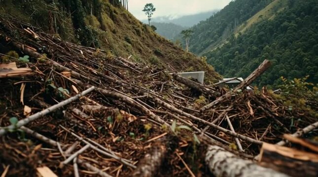 Wasteland Infrastructure: Concrete Pipe Laid in a Barren, Felled Forest, The Cost of Progress: Landscape Destruction and Industrial Encroachment