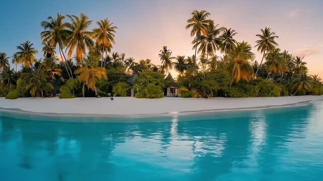 This breathtaking aerial shot captures an idyllic tropical island paradise bathed in the warm, soft glow of golden hour. Crystal-clear turquoise waters gently meet a pristine white sand beach, creatin