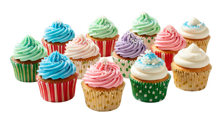 A colorful assortment of frosted cupcakes with sprinkles, isolated on transparent background