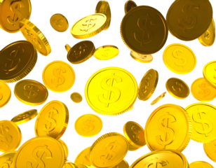 Many shiny gold coins with dollar signs floating