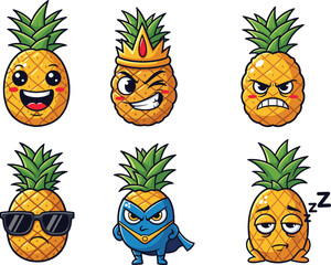 Cartoon pineapple character set with expressive faces and accessories, playful fruit illustrations, kids vector design, stylized emotion icons