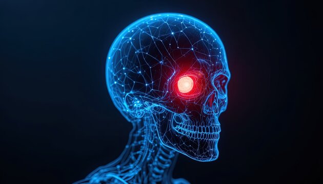 Futuristic medical scan of human skull with glowing eye offers insight into health technology and neurological research for modern science concepts