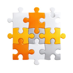 Obraz premium Six puzzle pieces in orange white and grey forming a square jigsaw puzzle connection, Isolated On White Background, Png Transparent