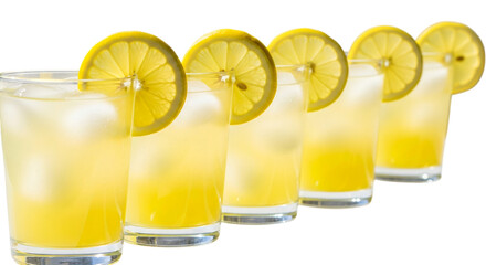 Five glasses of lemonade with lemon slices isolated on transparent background