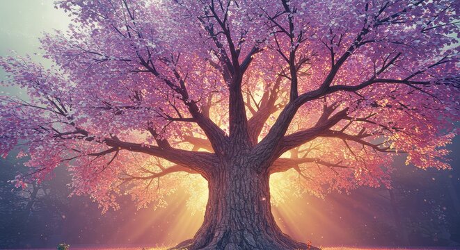 Experience the magic of spring with this stunning cherry blossom tree bathed in the warm glow of sunset, creating a sense of peace, hope, and renewal