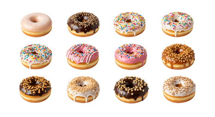 Assortment of twelve delicious donuts with various toppings and glazes isolated on transparent background