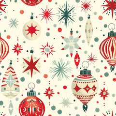Colorful winter holiday seamless pattern featuring ornaments and stars for festive design