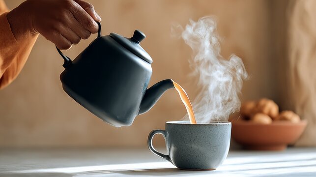Person is pouring tea into a cup from a teapot. The steam from the tea is rising and the cup is almost full - Powered by Adobe