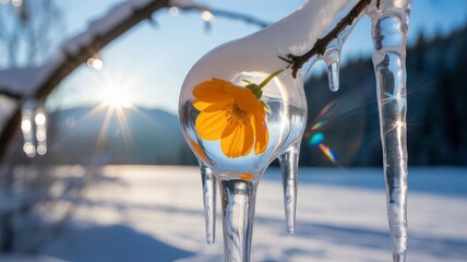 Clear winter day and bright orange flower inside the icicle. Sun glare on ice crystals. Russian winter. Frozen rain


