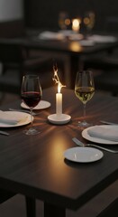An intimate and romantic dinner for two, with red and white wine glasses and a sparkling candle creating a magical atmosphere