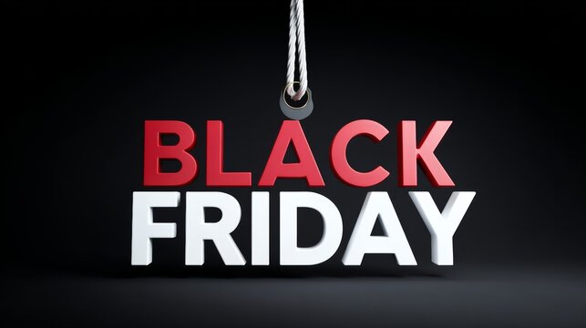 Black friday sign hanging from a rope. The sign is red and white and says black friday
