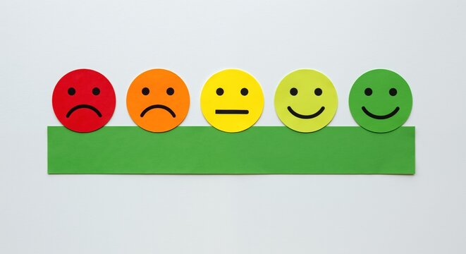 Five emoji faces rating scale colorful expressions green platform. Customer satisfaction feedback system from angry to happy mood. Service evaluation assessment concept banner horizontal - Powered by Adobe