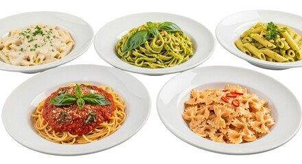 Assortment of five delicious pasta dishes, including creamy carbonara, pesto, and tomato sauce, isolated on transparent background