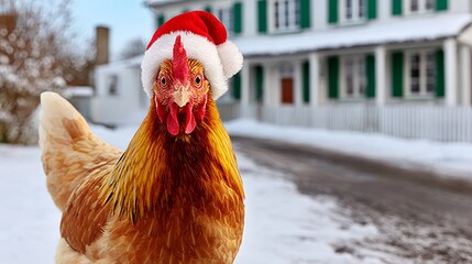 Chicken wearing a Santa hat stands in front of a house. The image has a festive and playful mood, as the chicken is dressed up in a hat and he is posing for a photo