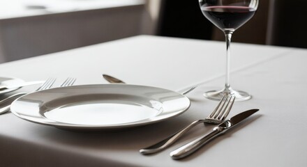 Gourmet Plate with Red Wine on White Tablecloth