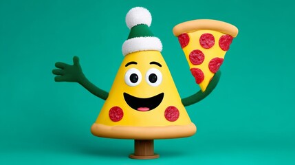 Cartoon pizza with a hat and a slice of pepperoni. The pizza is smiling and holding a slice of pizza
