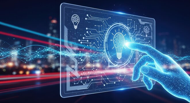 Explore futuristic tech innovation with a digital human hand activating a bright idea, perfect for cutting edge technology and creative problem solving solutions