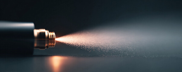 Precision spraying. A macro image of a device emitting a fine mist, conveying concepts of technology, beauty, industry, and innovation. Excellent for backgrounds and ads.