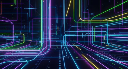 Immersive digital network visualization with vibrant neon flow, perfect for tech branding and futuristic concepts, adding energy to your modern projects