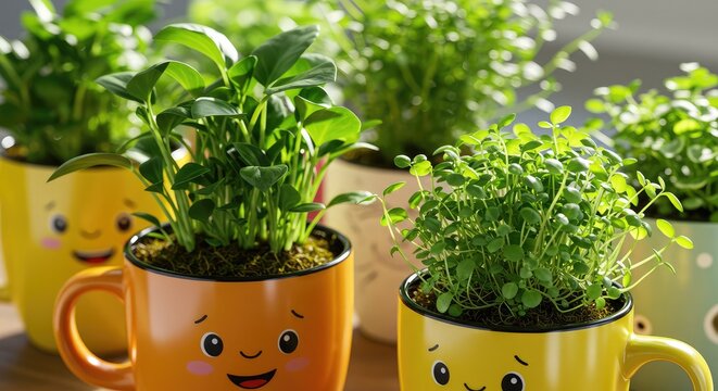 Charming potted plants with happy faces bring joy and vibrant life to any modern home or office space, perfect for adding a touch of whimsical greenery.