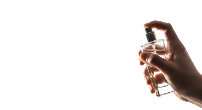Hand holding and spraying a luxury fragrance perfume bottle for cosmetic advertising. isolated PNG with Transparent Background - Powered by Adobe