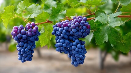 Bunch of grapes hanging from a vine. The grapes are purple and are clustered together. The vine is green and has leaves