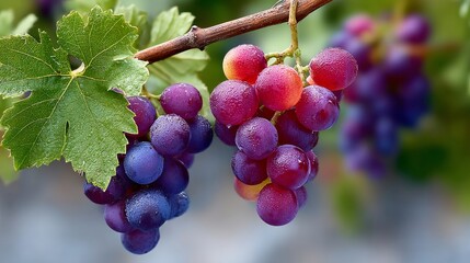 Two bunches of grapes hanging from a vine. The grapes are purple and blue. The vine is green