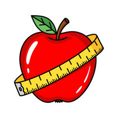 Red apple with measuring tape wrapped around it in a playful style  