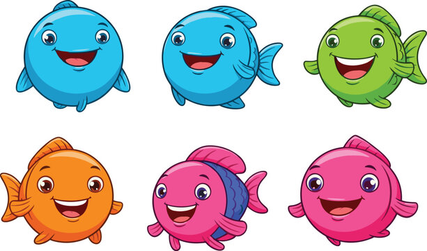 Cartoon round fish character set, cheerful aquatic illustrations, playful ocean clipart, kids vector design, stylized marine icons, expressive underwater graphics