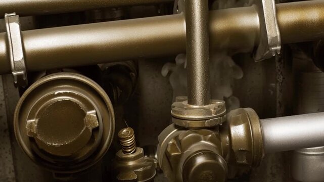 Industrial machine engine parts in motion, close up of metal pipes and valves with steam, mechanical engineering concept, factory machinery process, precision technology production system, industrial 
