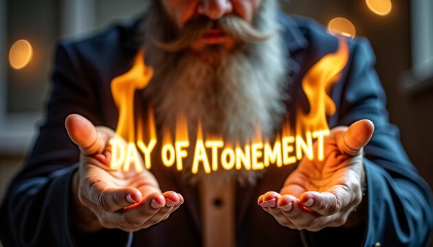 A man holding flaming "DAY of ATONEMENT" text with intense and dramatic atmosphere