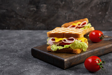 Delicious sandwich with ham, cheese, tomato and lettuce on toasted bread. Perfect lunch or snack idea